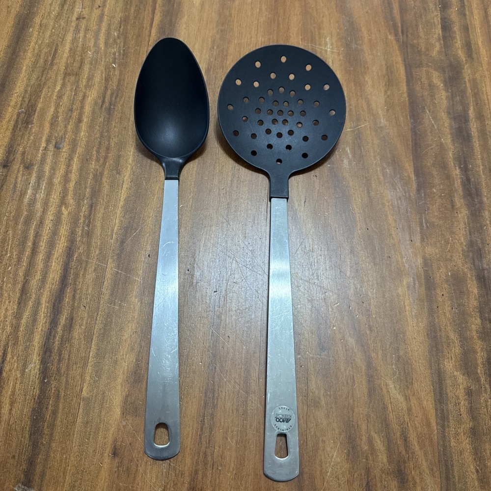 AMCO Rust Proof 18/8 Stainless Spoon 13" Black Nylon & Skimmer Strainer Spoon
